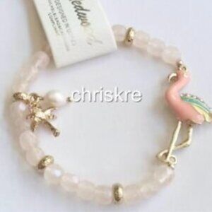 Pink Flamingo Charm Bracelet Freshwater White Pearl Palm Tree Gold Tone Beaded